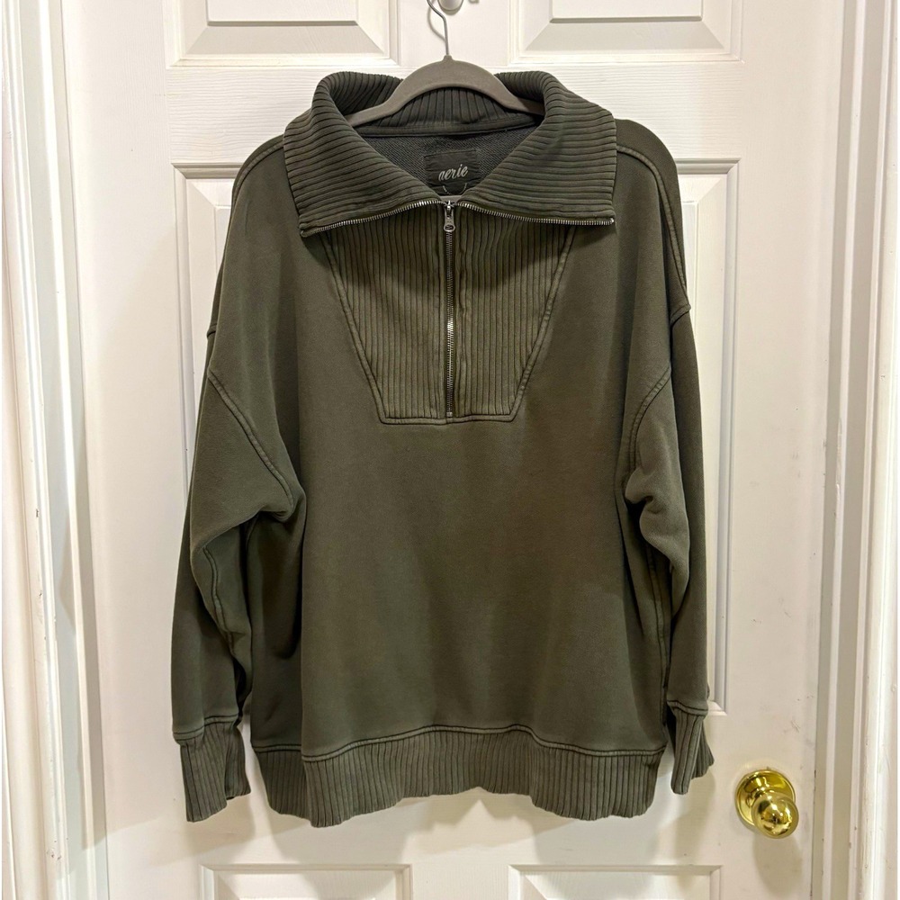 Aerie Oversized Quarter Zip Sweatshirt Womens XL Olive Green Ribbed Pullover